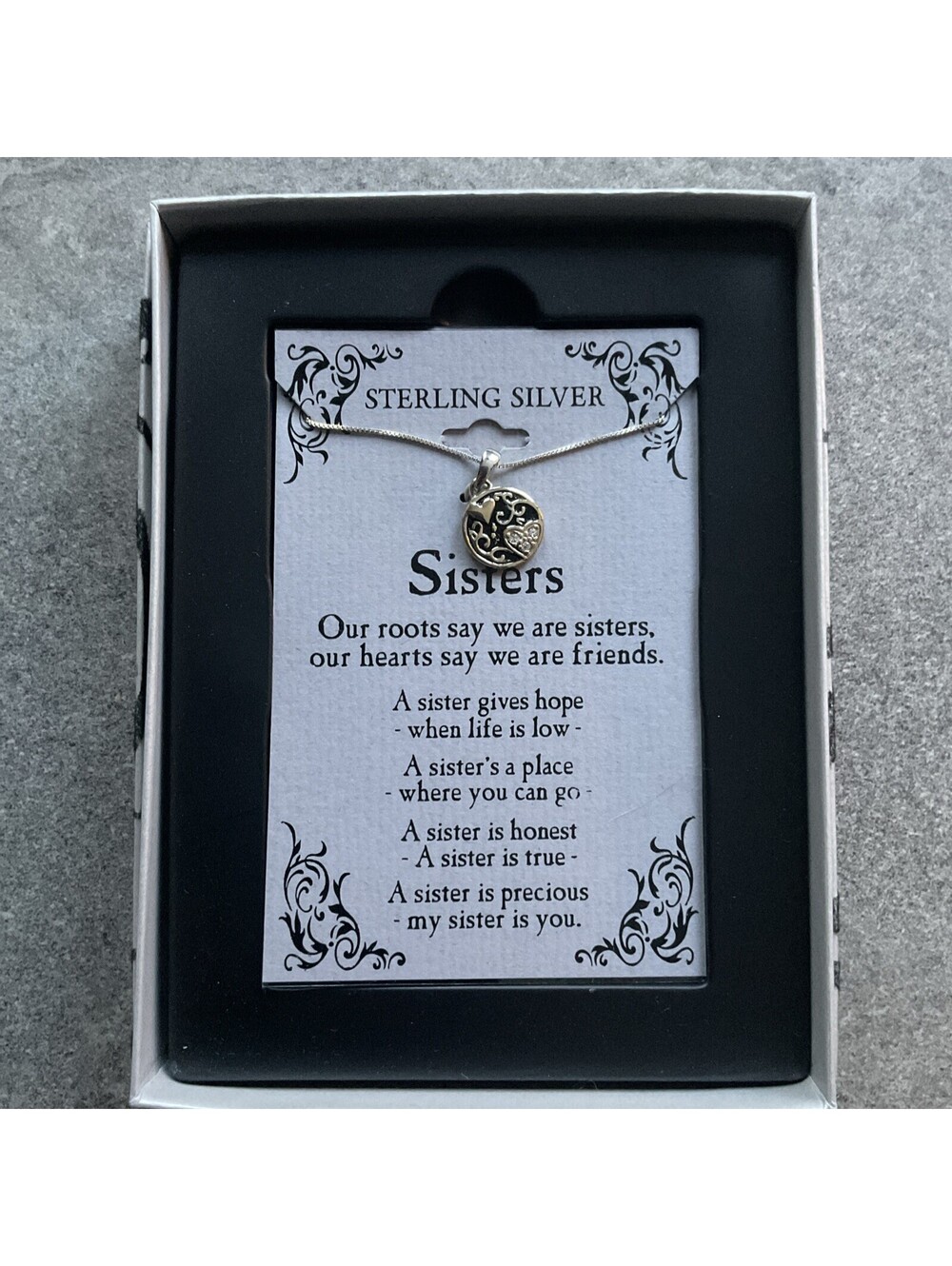 Sterling Silver Sister Gift Necklace:Message Card Gift Necklace 925 New In Box